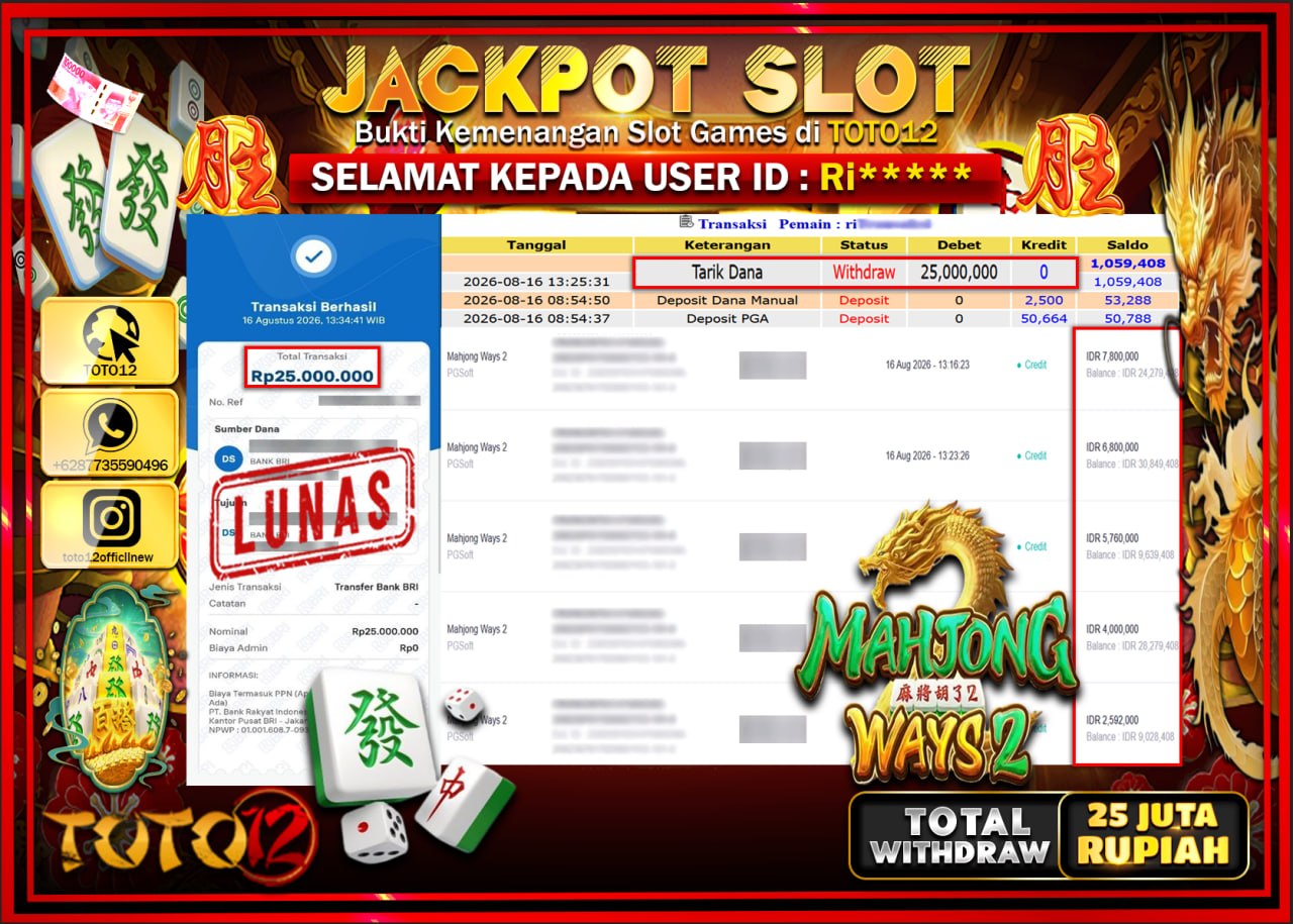 HANYA DI TOTO12 JP PASTI DI BAYAR LUNAS DAN CEPAT!!!!!! JACKPOT SLOT GAME (MAHJONG WAYS 2) Rp25.000.000!!!!