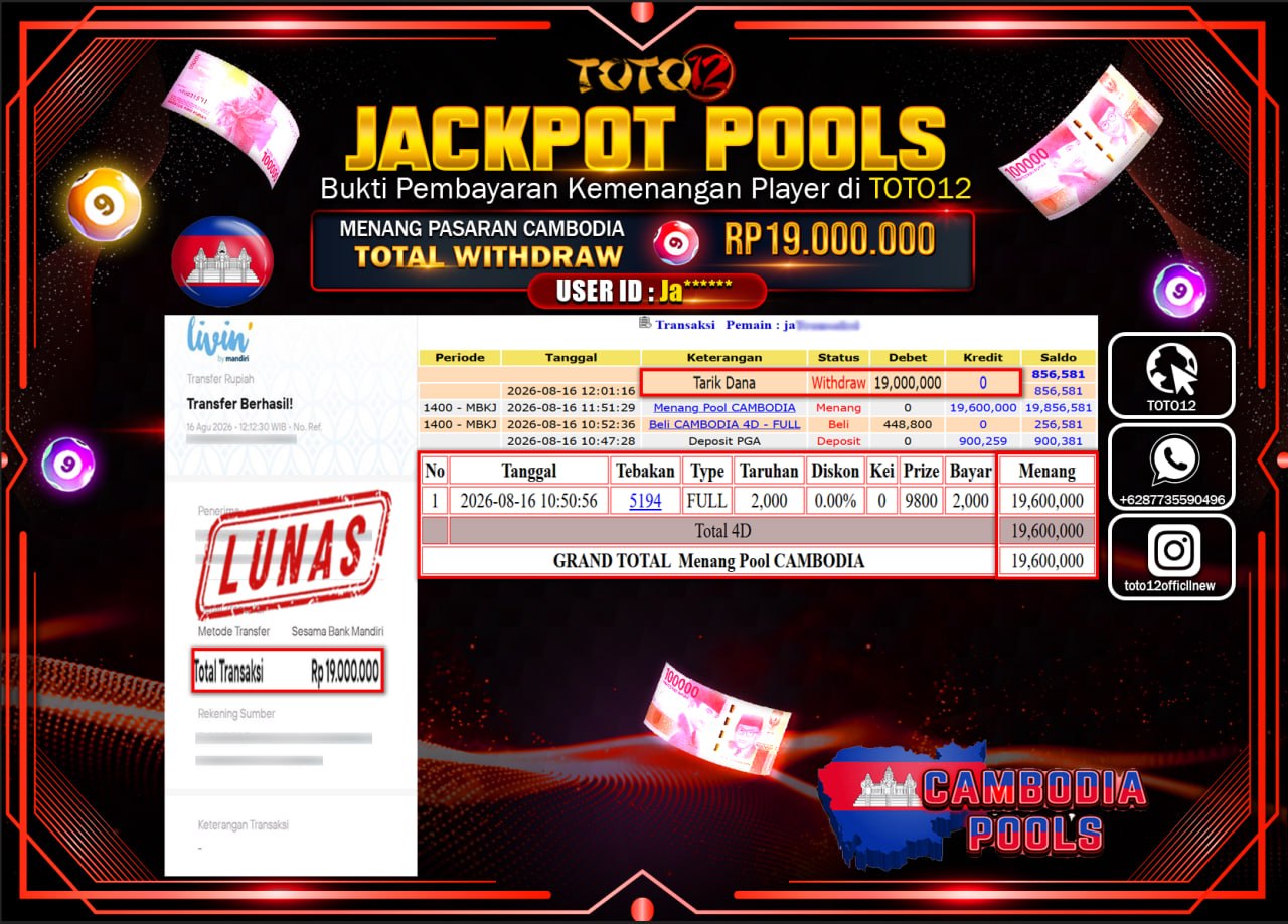HANYA DI TOTO12 JP PASTI DI BAYAR LUNAS DAN CEPAT!!!!!! JACKPOT POOLS PASARAN (CAMBODIA) Rp19.000.000!!!!