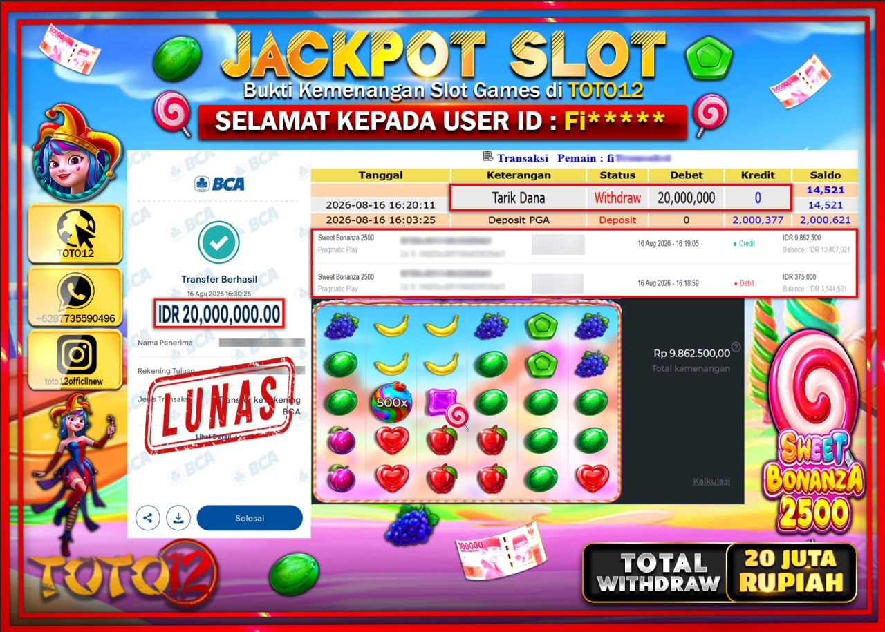 HANYA DI TOTO12 JP PASTI DI BAYAR LUNAS DAN CEPAT!!!!!! JACKPOT SLOT GAME (SWEET BONANZA 2500) Rp20.000.000!!!!