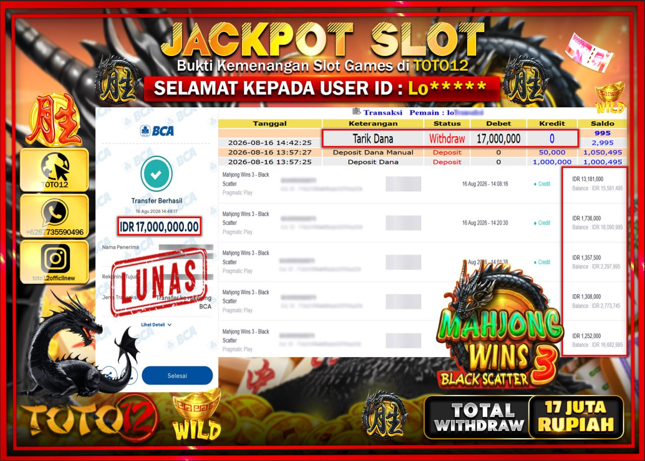 HANYA DI TOTO12 JP PASTI DI BAYAR LUNAS DAN CEPAT!!!!!! JACKPOT SLOT GAME (MAHJONG WINS 3 BLACK SCATTER) Rp17.000.000!!!!