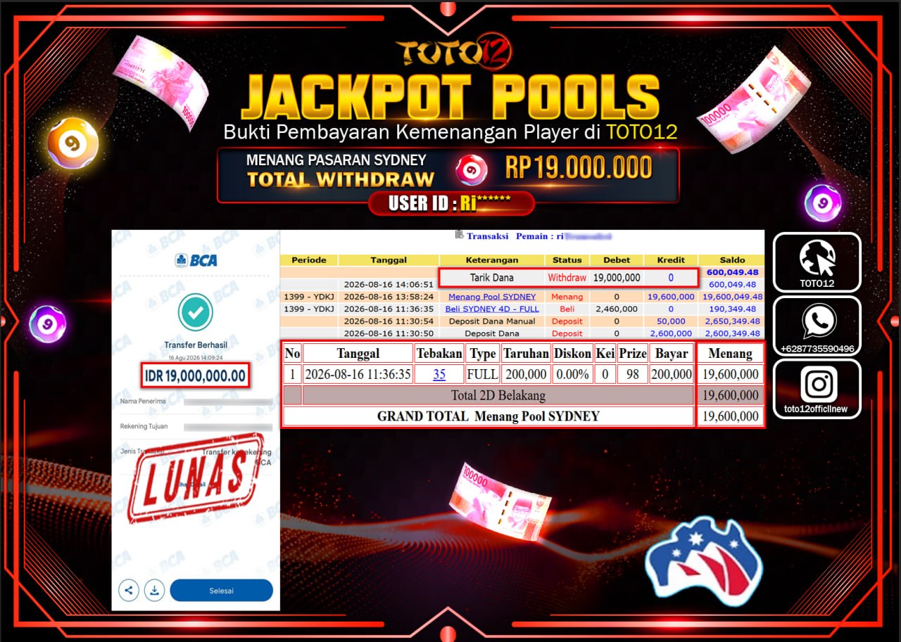 HANYA DI TOTO12 JP PASTI DI BAYAR LUNAS DAN CEPAT!!!!!! JACKPOT POOLS PASARAN (SYDNEY) Rp19.000.000!!!!