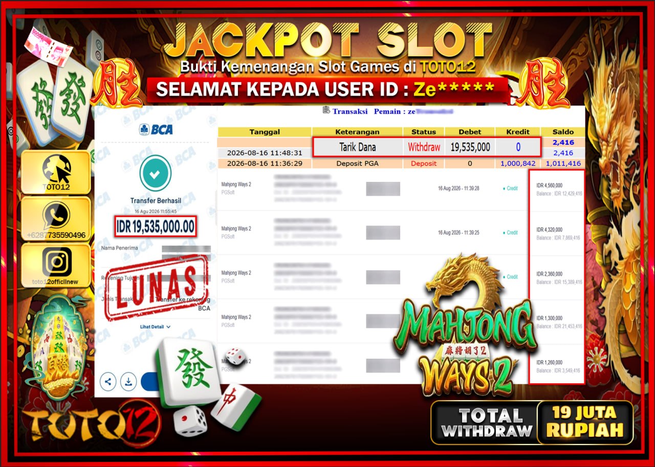 HANYA DI TOTO12 JP PASTI DI BAYAR LUNAS DAN CEPAT!!!!!! JACKPOT SLOT GAME (MAHJONG WAYS 2) Rp19.535.000!!!!