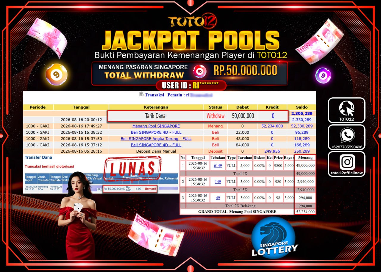 HANYA DI TOTO12 JP PASTI DI BAYAR LUNAS DAN CEPAT!!!!!! JACKPOT POOLS PASARAN (SINGAPORE) Rp50.000.000!!!!
