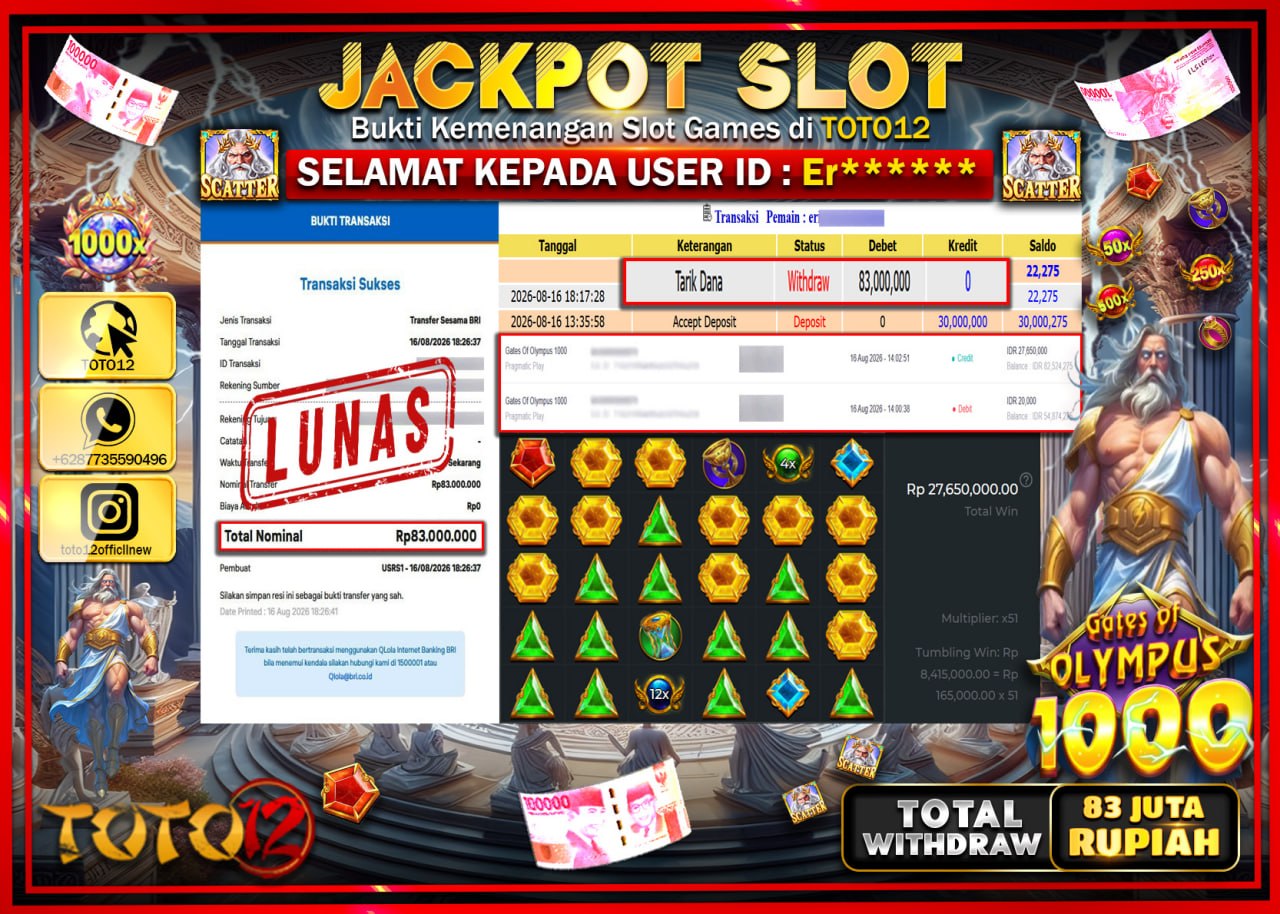 HANYA DI TOTO12 JP PASTI DI BAYAR LUNAS DAN CEPAT!!!!!! JACKPOT SLOT GAME (GATES OF OLYMPUS 1000) Rp83.000.000!!!!