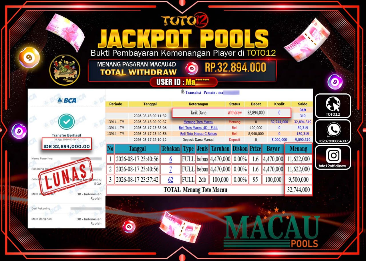 HANYA DI TOTO12 JP PASTI DI BAYAR LUNAS DAN CEPAT!!!!!! JACKPOT POOLS PASARAN (MACAU 4D) Rp32.894.000!!!!