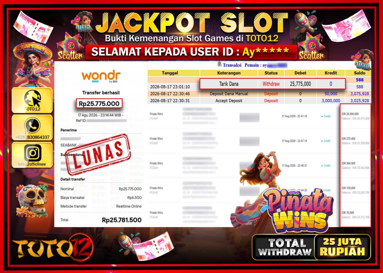 HANYA DI TOTO12 JP PASTI DI BAYAR LUNAS DAN CEPAT!!!!!! JACKPOT SLOT GAME (PINATA WINS) Rp25.775.000!!!!