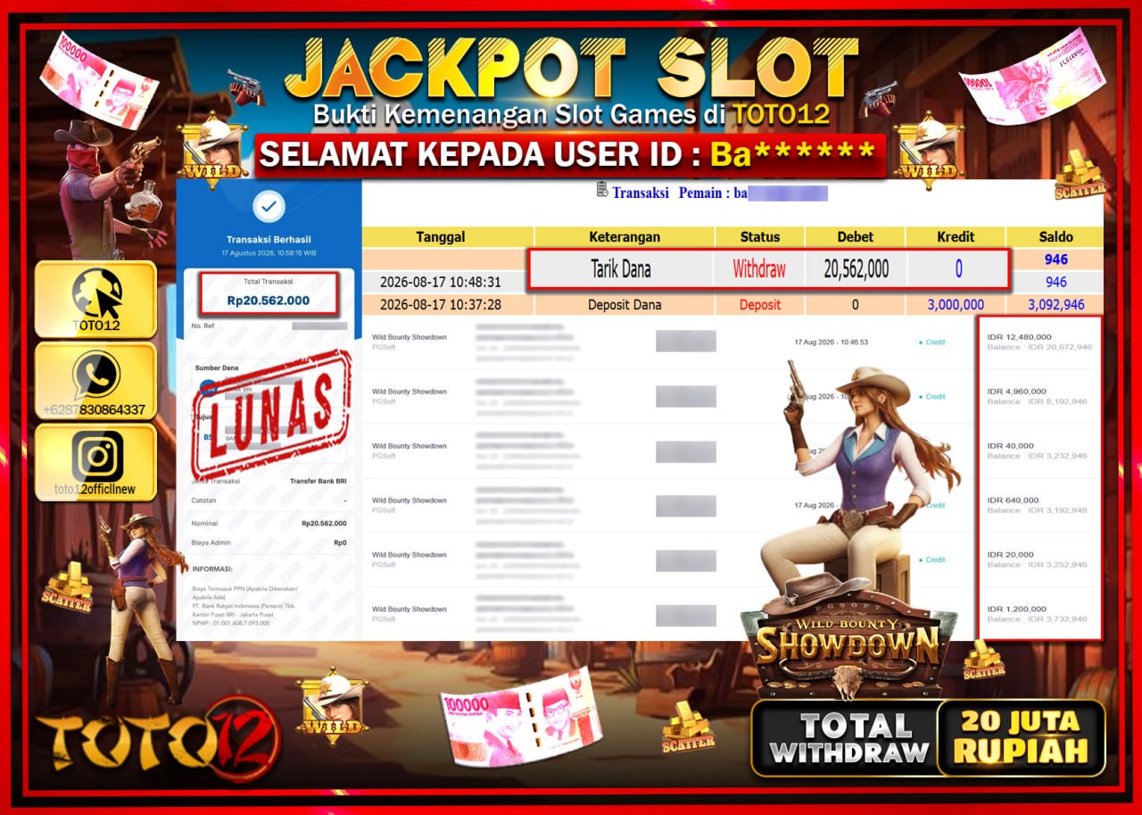 HANYA DI TOTO12 JP PASTI DI BAYAR LUNAS DAN CEPAT!!!!!! JACKPOT SLOT GAME (WILD BOUNTY SHOWDOWN) Rp20.562.000!!!!