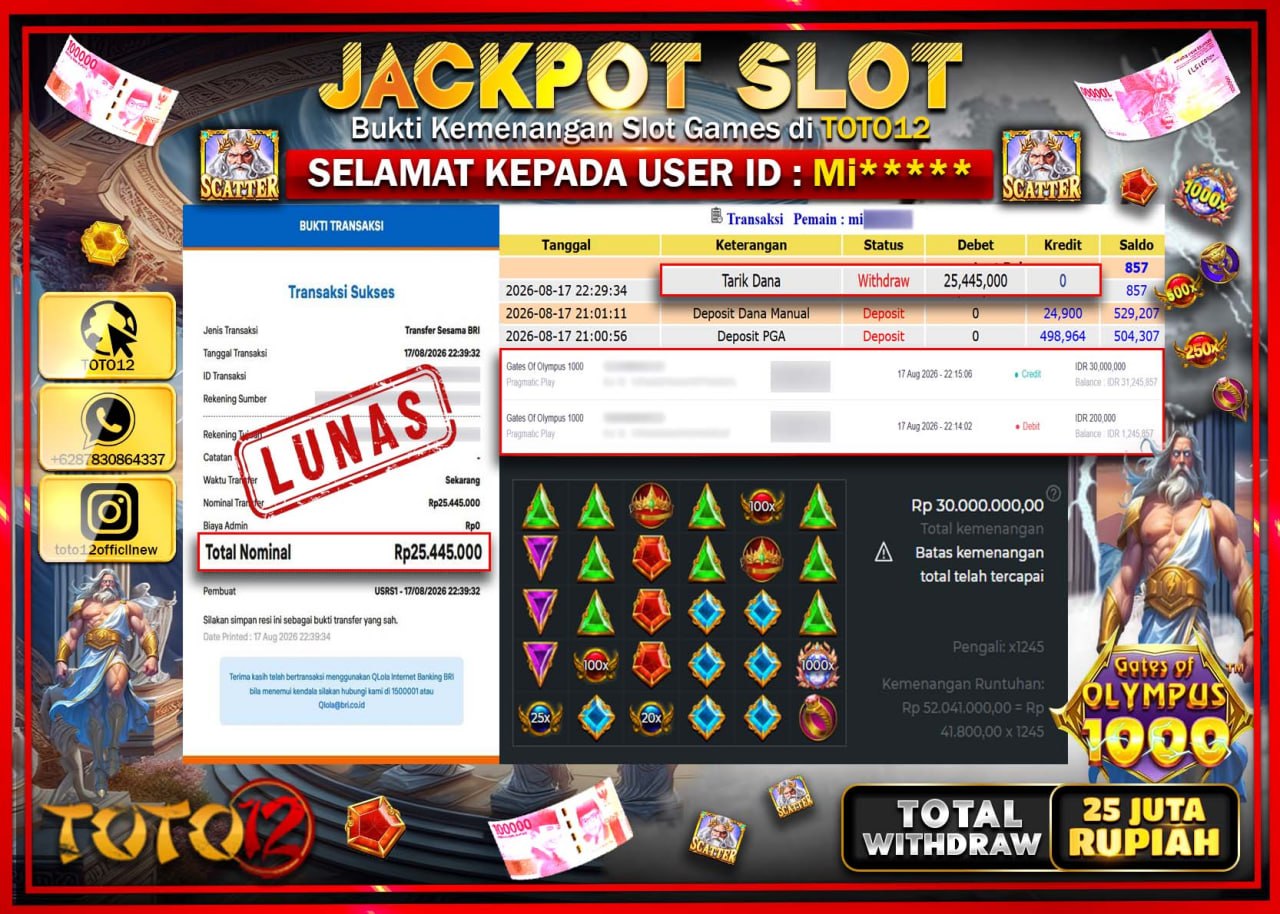 HANYA DI TOTO12 JP PASTI DI BAYAR LUNAS DAN CEPAT!!!!!! JACKPOT SLOT GAME (GATES OF OLYMPUS 1000) Rp25.445.000!!!!