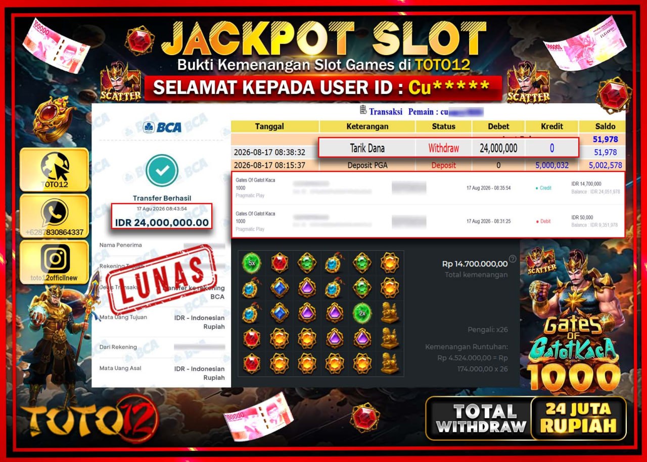 HANYA DI TOTO12 JP PASTI DI BAYAR LUNAS DAN CEPAT!!!!!! JACKPOT SLOT GAME (GATES OF GATOT KACA 1000) Rp24.000.000!!!!