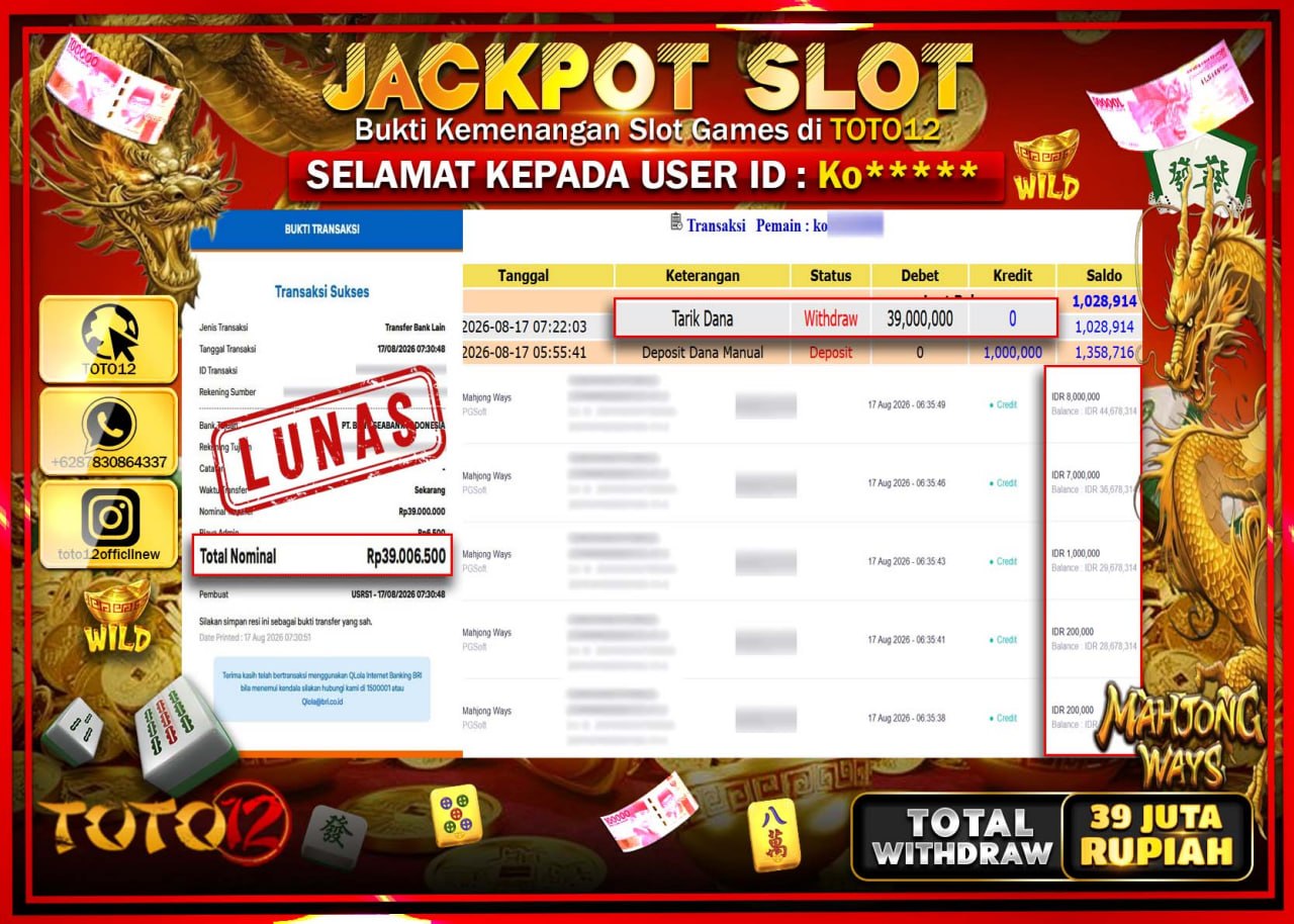 HANYA DI TOTO12 JP PASTI DI BAYAR LUNAS DAN CEPAT!!!!!! JACKPOT SLOT GAME (MAHJONG WAYS) Rp39.000.000!!!!