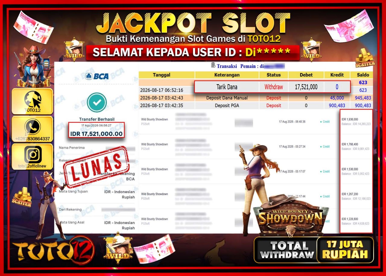 HANYA DI TOTO12 JP PASTI DI BAYAR LUNAS DAN CEPAT!!!!!! JACKPOT SLOT GAME (WILD BOUNTY SHOWDOWN) Rp17.521.000!!!!