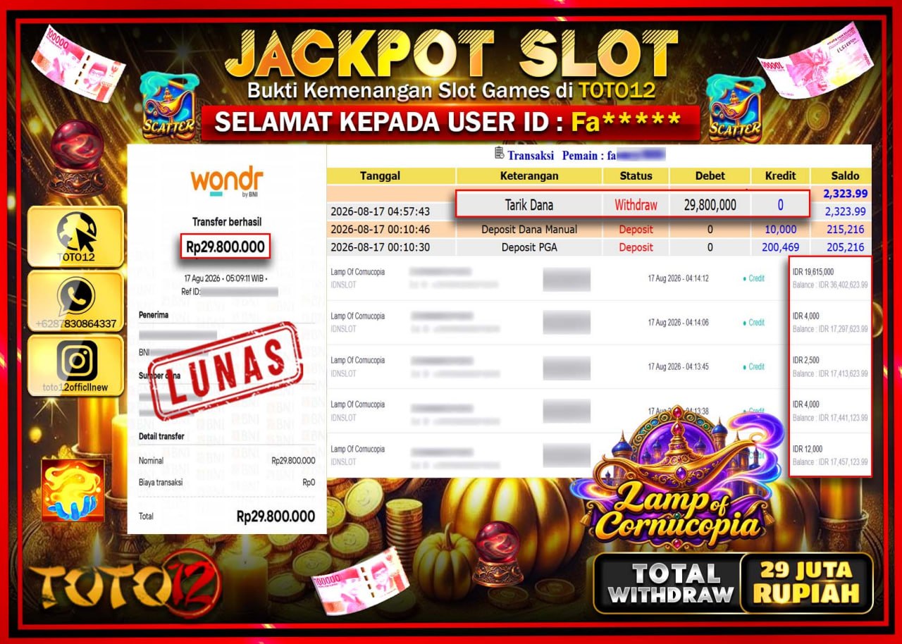 HANYA DI TOTO12 JP PASTI DI BAYAR LUNAS DAN CEPAT!!!!!! JACKPOT SLOT GAME (LAMP OF COMUCOPIA) Rp29.800.000!!!!