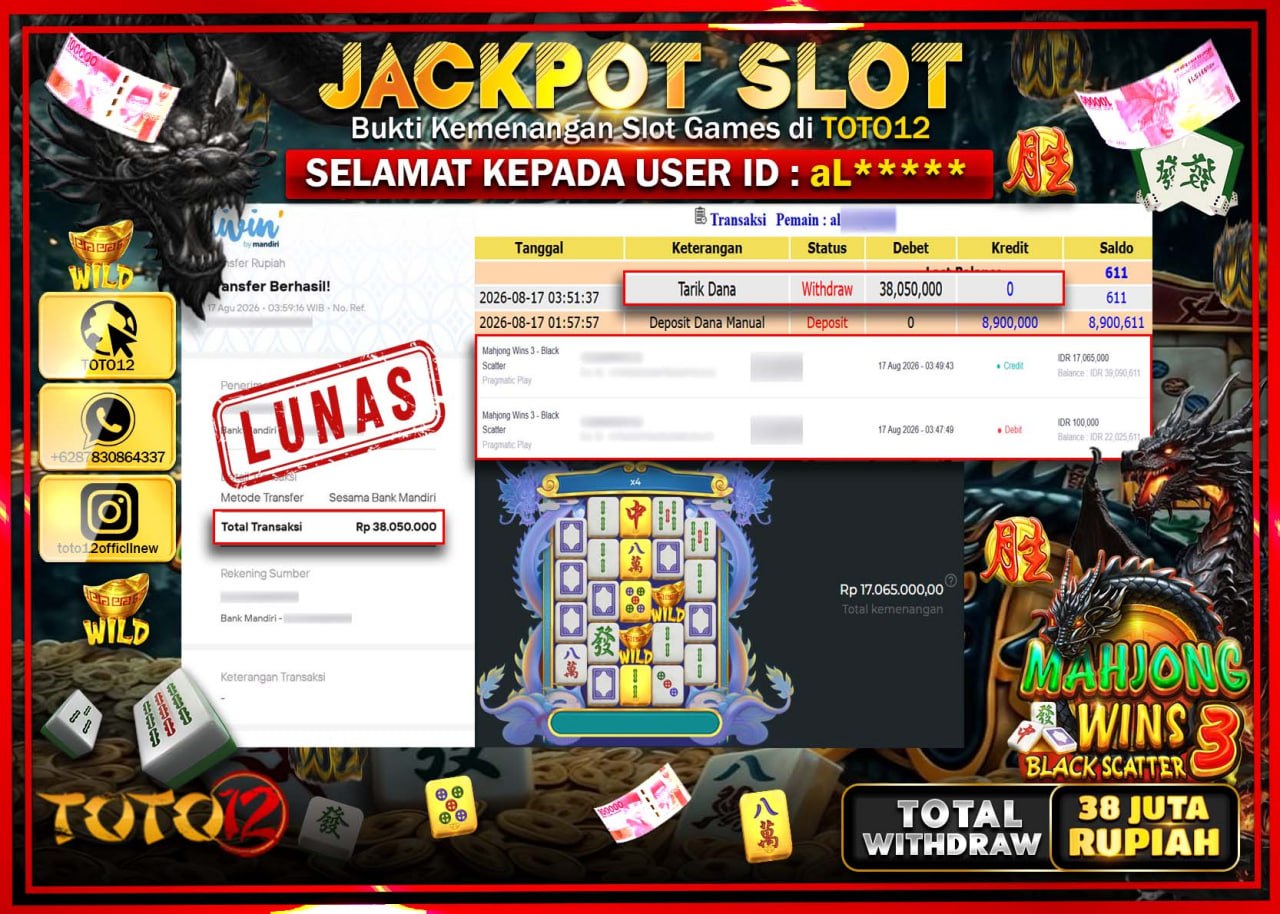 HANYA DI TOTO12 JP PASTI DI BAYAR LUNAS DAN CEPAT!!!!!! JACKPOT SLOT GAME (MAHJONG WINS 3 BLACK SCATTER) Rp38.050.000!!!!