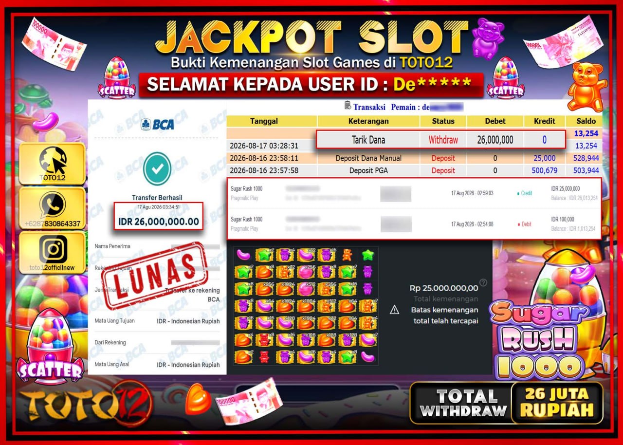 HANYA DI TOTO12 JP PASTI DI BAYAR LUNAS DAN CEPAT!!!!!! JACKPOT SLOT GAME (SUGAR RUSH 1000) Rp26.000.000!!!!