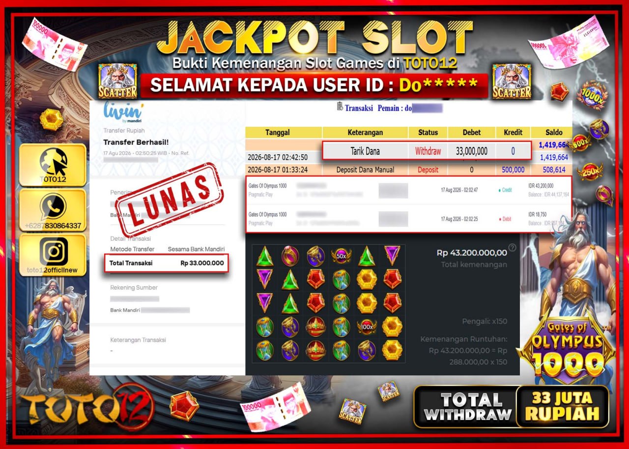 HANYA DI TOTO12 JP PASTI DI BAYAR LUNAS DAN CEPAT!!!!!! JACKPOT SLOT GAME (GATES OF OLYMPUS 1000) Rp33.000.000!!!!