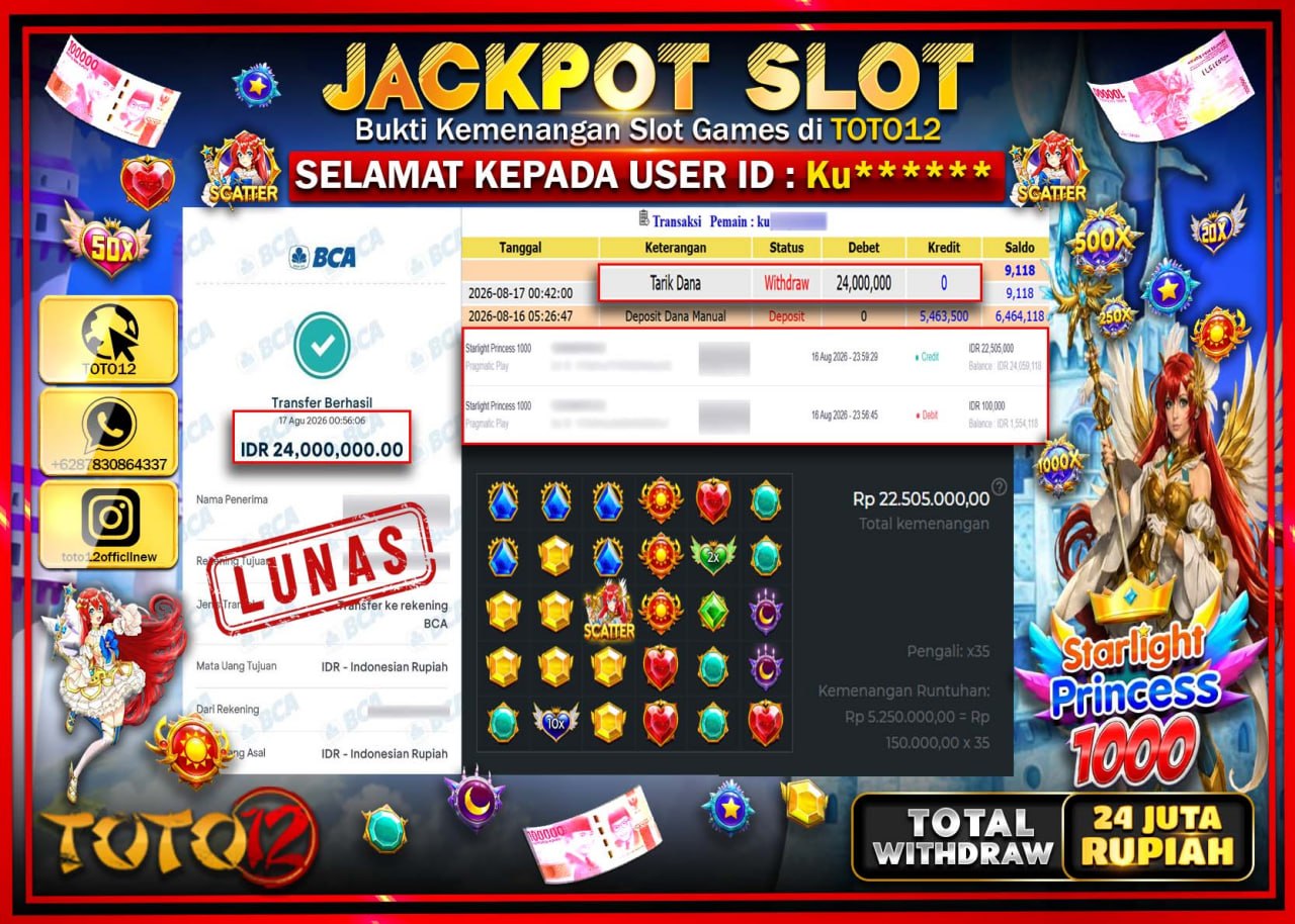 HANYA DI TOTO12 JP PASTI DI BAYAR LUNAS DAN CEPAT!!!!!! JACKPOT SLOT GAME (STARLIGHT PRINCESS 1000) Rp24.000.000!!!!
