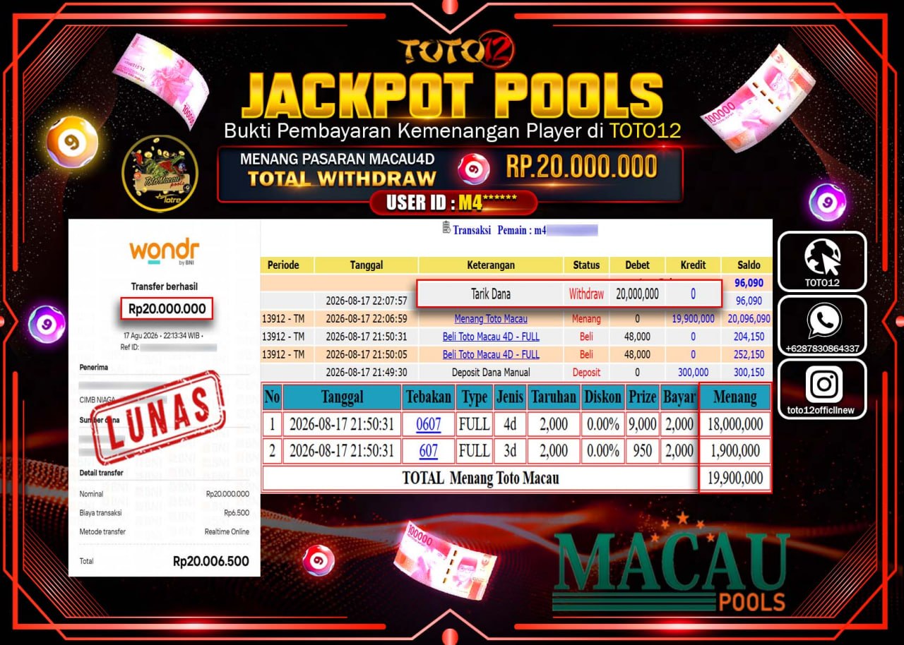 HANYA DI TOTO12 JP PASTI DI BAYAR LUNAS DAN CEPAT!!!!!! JACKPOT POOLS PASARAN (MACAU 4D) Rp20.000.000!!!!