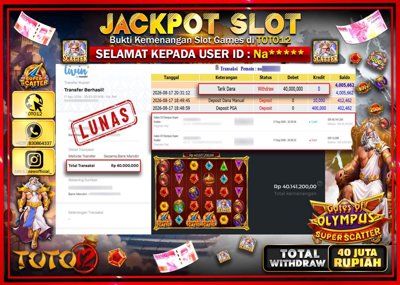 HANYA DI TOTO12 JP PASTI DI BAYAR LUNAS DAN CEPAT!!!!!! JACKPOT SLOT GAME (GATES OF OLYMPUS SUPER SCATTER) Rp40.000.000!!!!