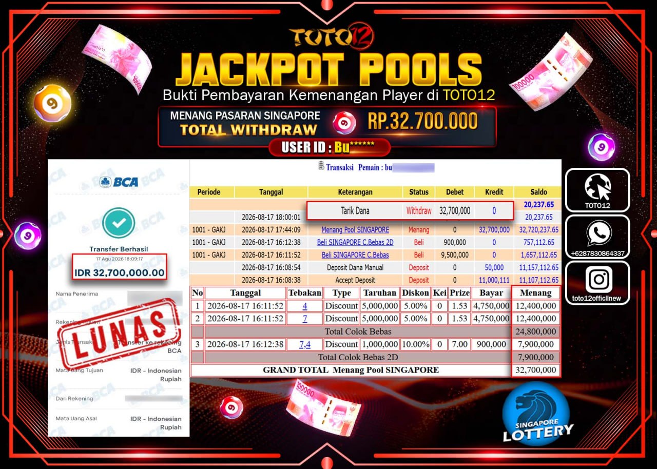 HANYA DI TOTO12 JP PASTI DI BAYAR LUNAS DAN CEPAT!!!!!! JACKPOT POOLS PASARAN (SINGAPORE) Rp32.700.000!!!!