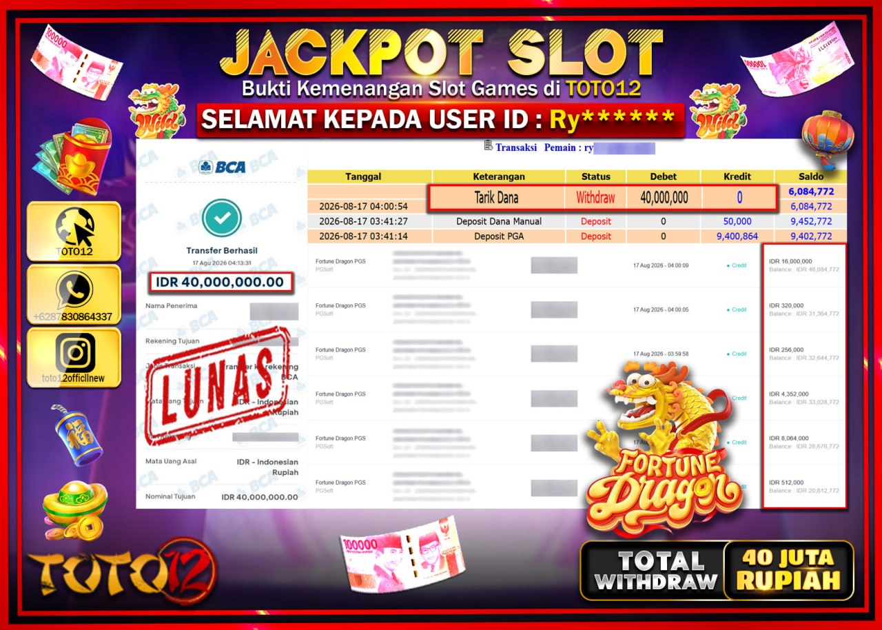 HANYA DI TOTO12 JP PASTI DI BAYAR LUNAS DAN CEPAT!!!!!! JACKPOT SLOT GAME (FORTUNE DRAGON) Rp40.000.000!!!!