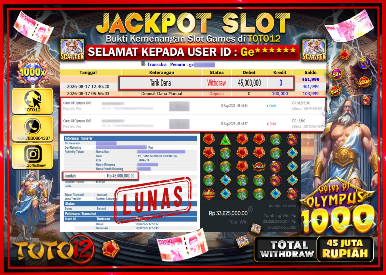 HANYA DI TOTO12 JP PASTI DI BAYAR LUNAS DAN CEPAT!!!!!! JACKPOT SLOT GAME (GATES OF OLYMPUS 1000) Rp45.000.000!!!!