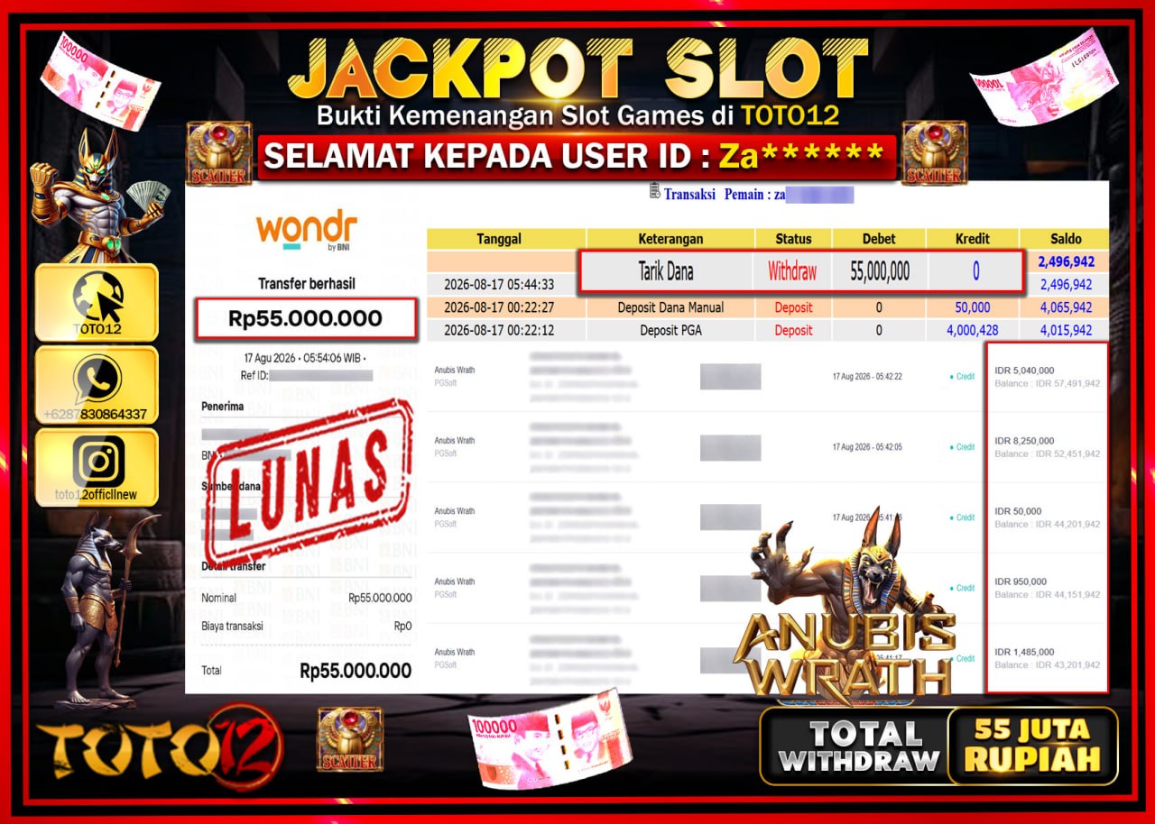 HANYA DI TOTO12 JP PASTI DI BAYAR LUNAS DAN CEPAT!!!!!! JACKPOT SLOT GAME (ANUBIS WRATH) Rp55.000.000!!!!