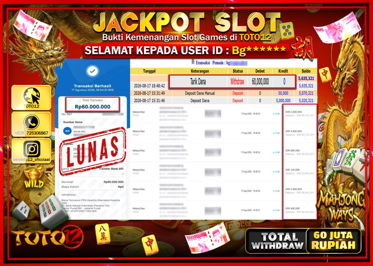 HANYA DI TOTO12 JP PASTI DI BAYAR LUNAS DAN CEPAT!!!!!! JACKPOT SLOT GAME (MAHJONG WAYS) Rp60.000.000!!!!