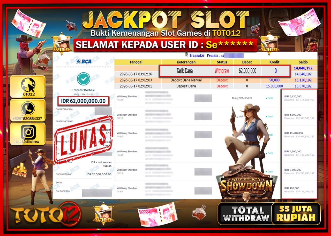 HANYA DI TOTO12 JP PASTI DI BAYAR LUNAS DAN CEPAT!!!!!! JACKPOT SLOT GAME (WILD BOUNTY SHOWDOWN) Rp62.000.000!!!!