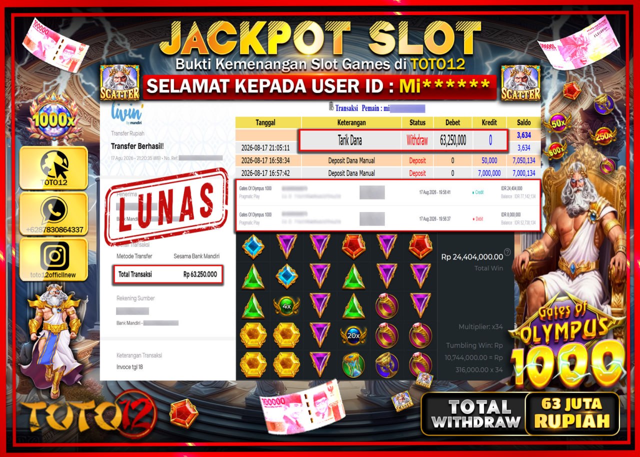 HANYA DI TOTO12 JP PASTI DI BAYAR LUNAS DAN CEPAT!!!!!! JACKPOT SLOT GAME (GATES OF OLYMPUS 1000) Rp63.250.000!!!!