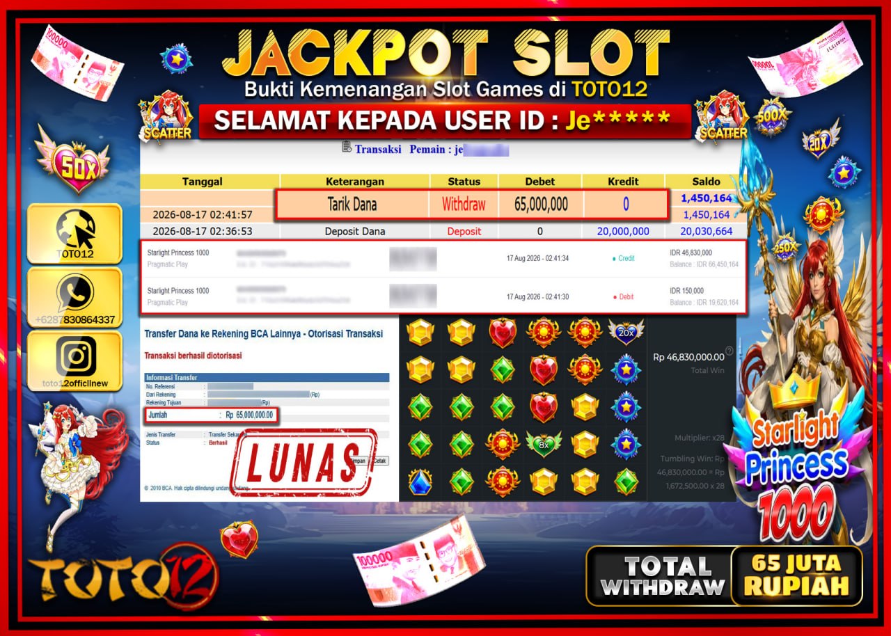 HANYA DI TOTO12 JP PASTI DI BAYAR LUNAS DAN CEPAT!!!!!! JACKPOT SLOT GAME (STARLIGHT PRINCESS 1000) Rp65.000.000!!!!