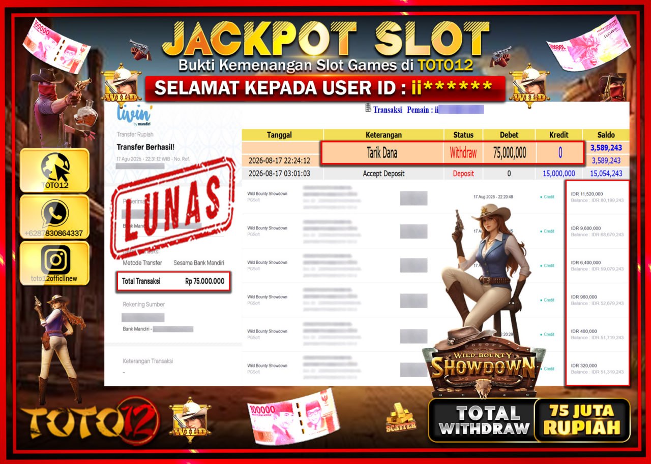 HANYA DI TOTO12 JP PASTI DI BAYAR LUNAS DAN CEPAT!!!!!! JACKPOT SLOT GAME (WILD BOUNTY SHOWDOWN) Rp75.000.000!!!!