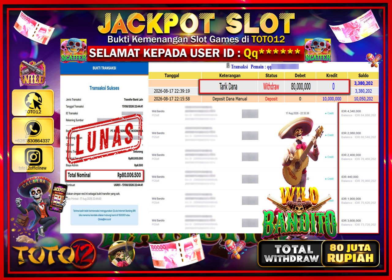 HANYA DI TOTO12 JP PASTI DI BAYAR LUNAS DAN CEPAT!!!!!! JACKPOT SLOT GAME (WILD BANDITO) Rp80.000.000!!!!
