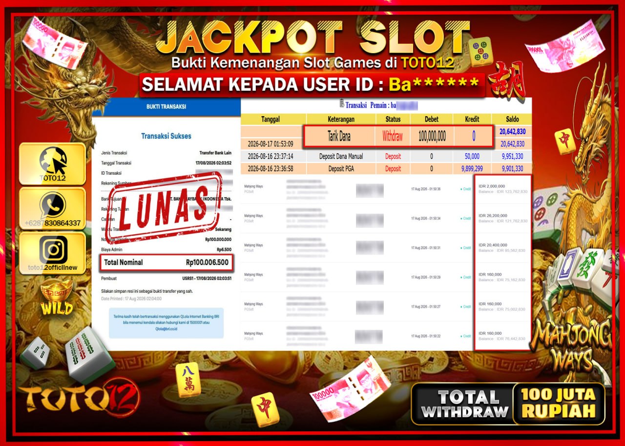 HANYA DI TOTO12 JP PASTI DI BAYAR LUNAS DAN CEPAT!!!!!! JACKPOT SLOT GAME (MAHJONG WAYS) Rp100.000.000!!!!