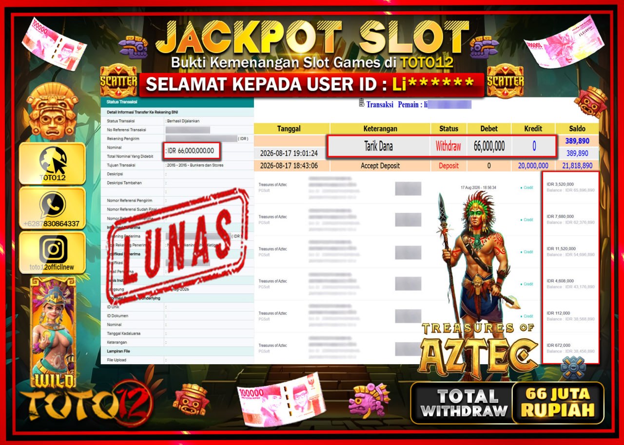 HANYA DI TOTO12 JP PASTI DI BAYAR LUNAS DAN CEPAT!!!!!! JACKPOT SLOT GAME (TREASURE OF AZTEC) Rp66.000.000!!!!