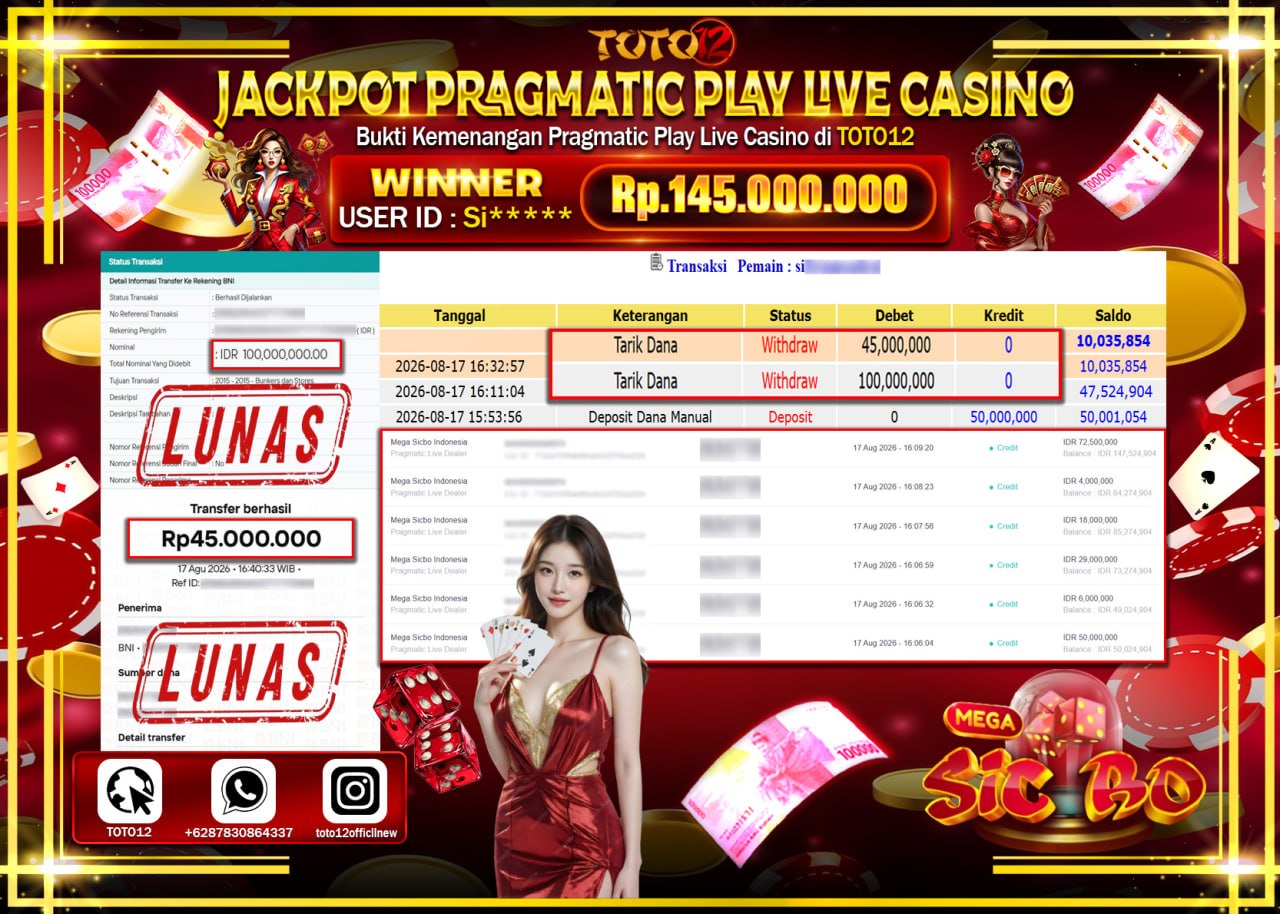 HANYA DI TOTO12 JP PASTI DI BAYAR LUNAS DAN CEPAT!!!!!! JACKPOT PRAGMATIC PLAY LIVE GAME CASINO (MEGA SICBO INDONESIA) Rp145.000.000!!!!