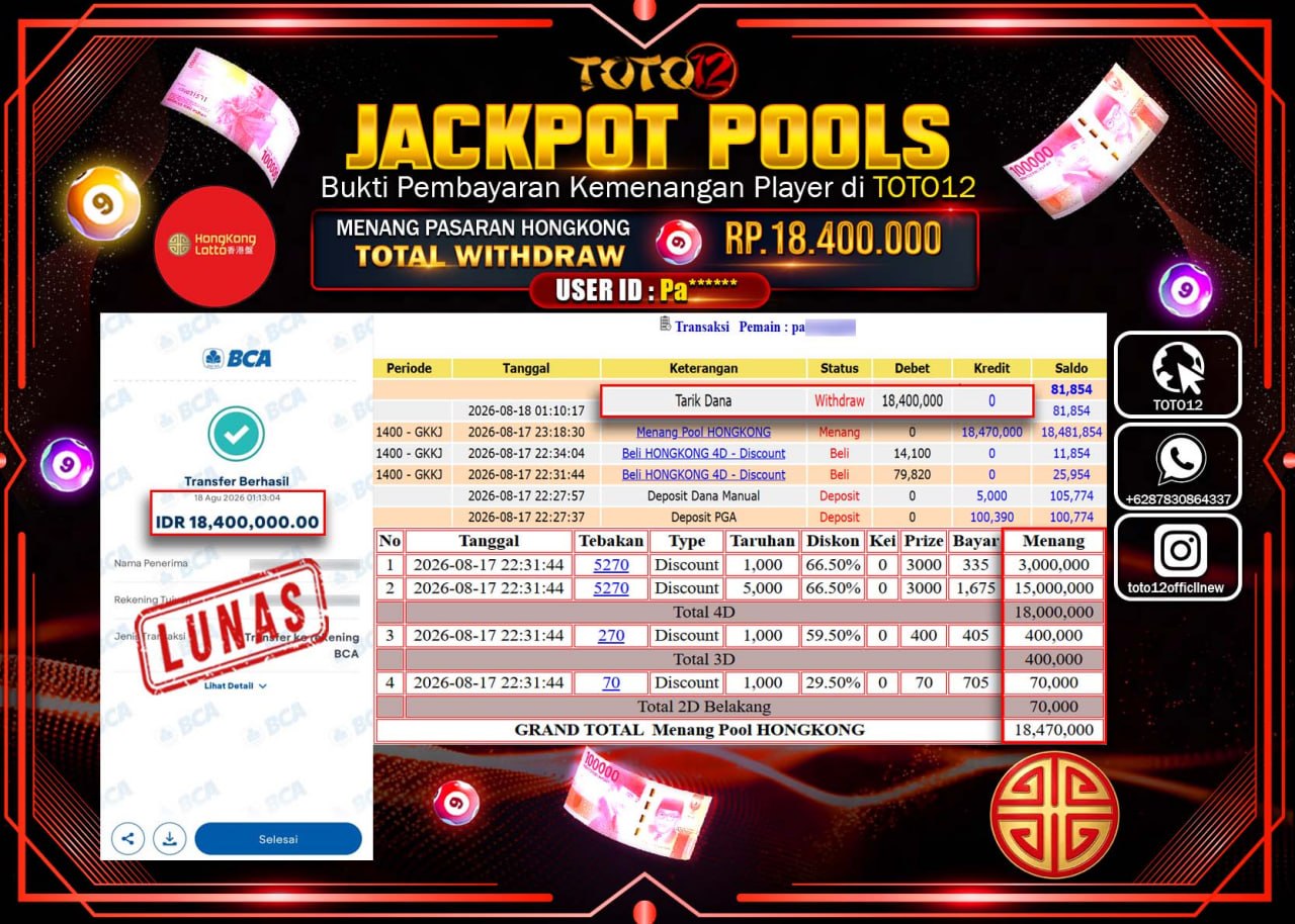 HANYA DI TOTO12 JP PASTI DI BAYAR LUNAS DAN CEPAT!!!!!! JACKPOT POOLS PASARAN (HONGKONG) Rp18.400.000!!!!