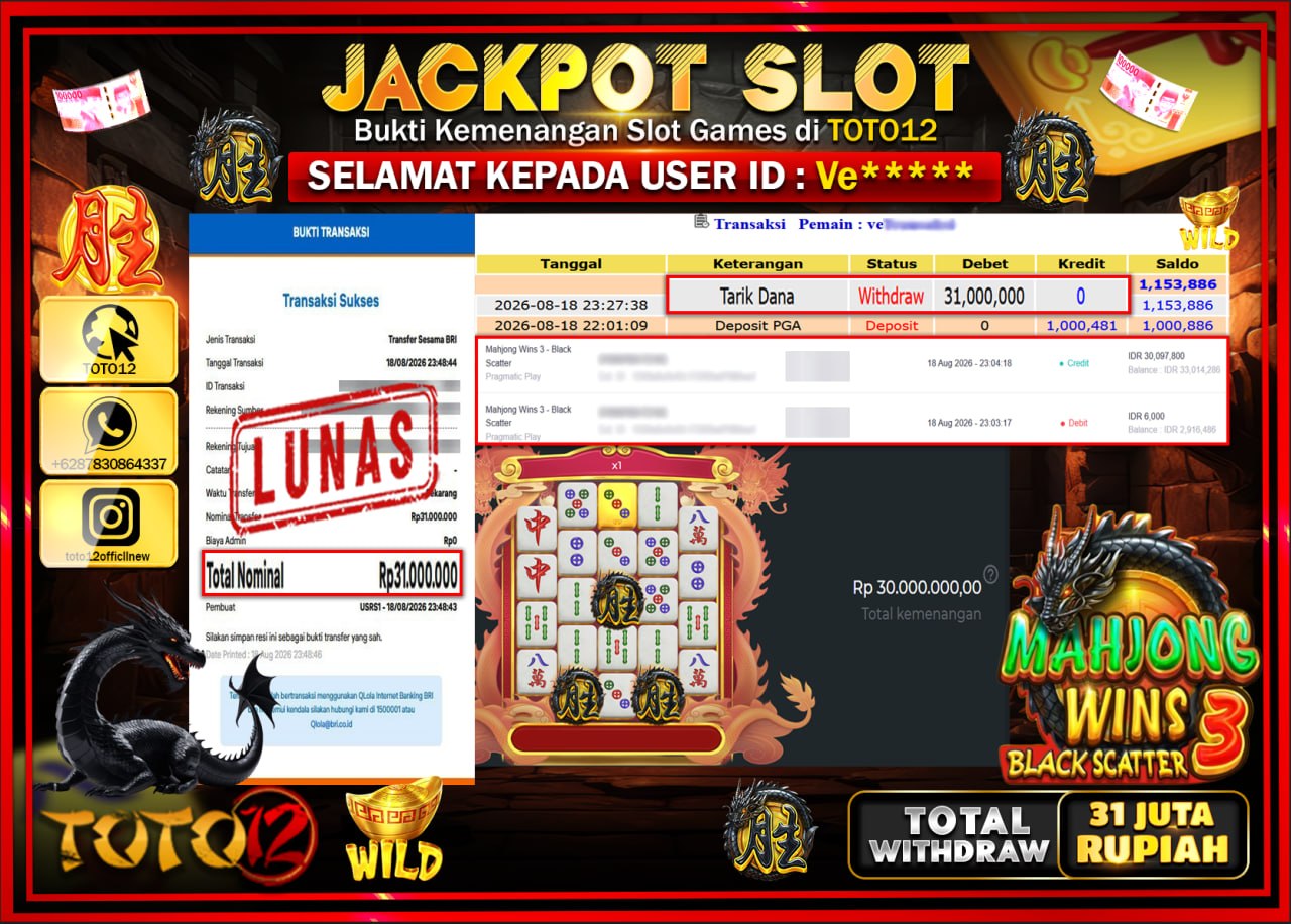 HANYA DI TOTO12 JP PASTI DI BAYAR LUNAS DAN CEPAT!!!!!! JACKPOT SLOT GAME (MAHJONG WINS 3 BLACK SCATTER) Rp31.000.000!!!!