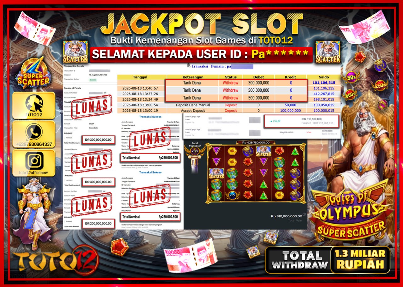 HANYA DI TOTO12 JP PASTI DI BAYAR LUNAS DAN CEPAT!!!!!! JACKPOT SLOT GAME (GATES OF OLYMPUS SUPER SCATTER) Rp1.300.000.000!!!!