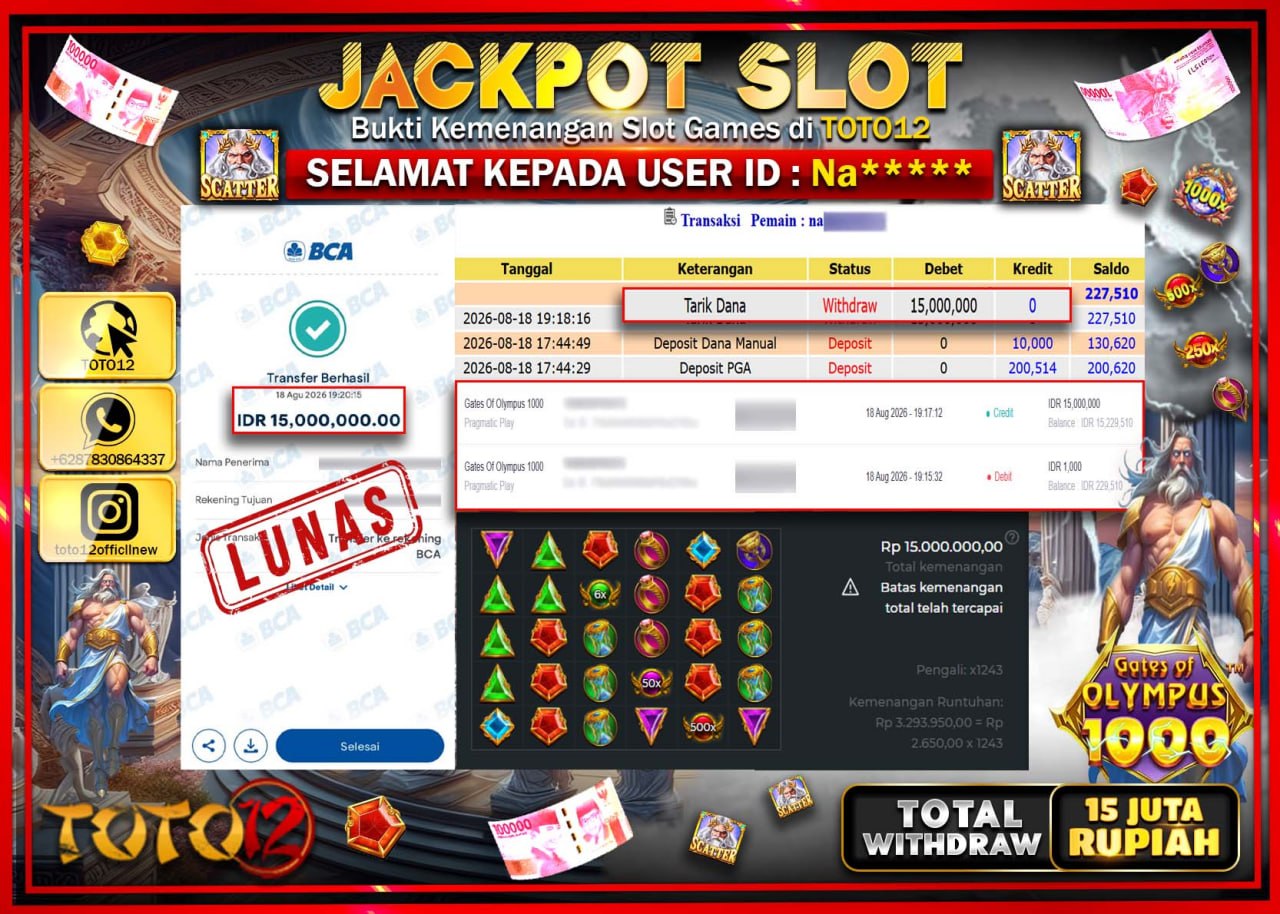 HANYA DI TOTO12 JP PASTI DI BAYAR LUNAS DAN CEPAT!!!!!! JACKPOT SLOT GAME (GATES OF OLYMPUS 1000) Rp15.000.000!!!!