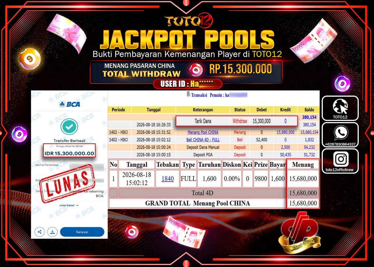 HANYA DI TOTO12 JP PASTI DI BAYAR LUNAS DAN CEPAT!!!!!! JACKPOT POOLS PASARAN (CHINA) Rp15.300.000!!!!