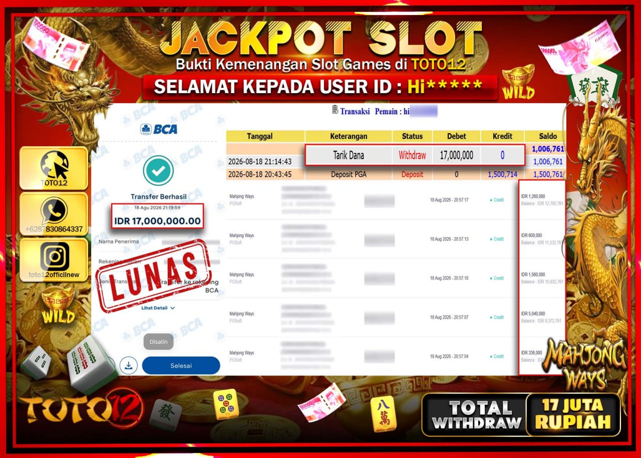 HANYA DI TOTO12 JP PASTI DI BAYAR LUNAS DAN CEPAT!!!!!! JACKPOT SLOT GAME (MAHJONG WAYS) Rp17.000.000!!!!