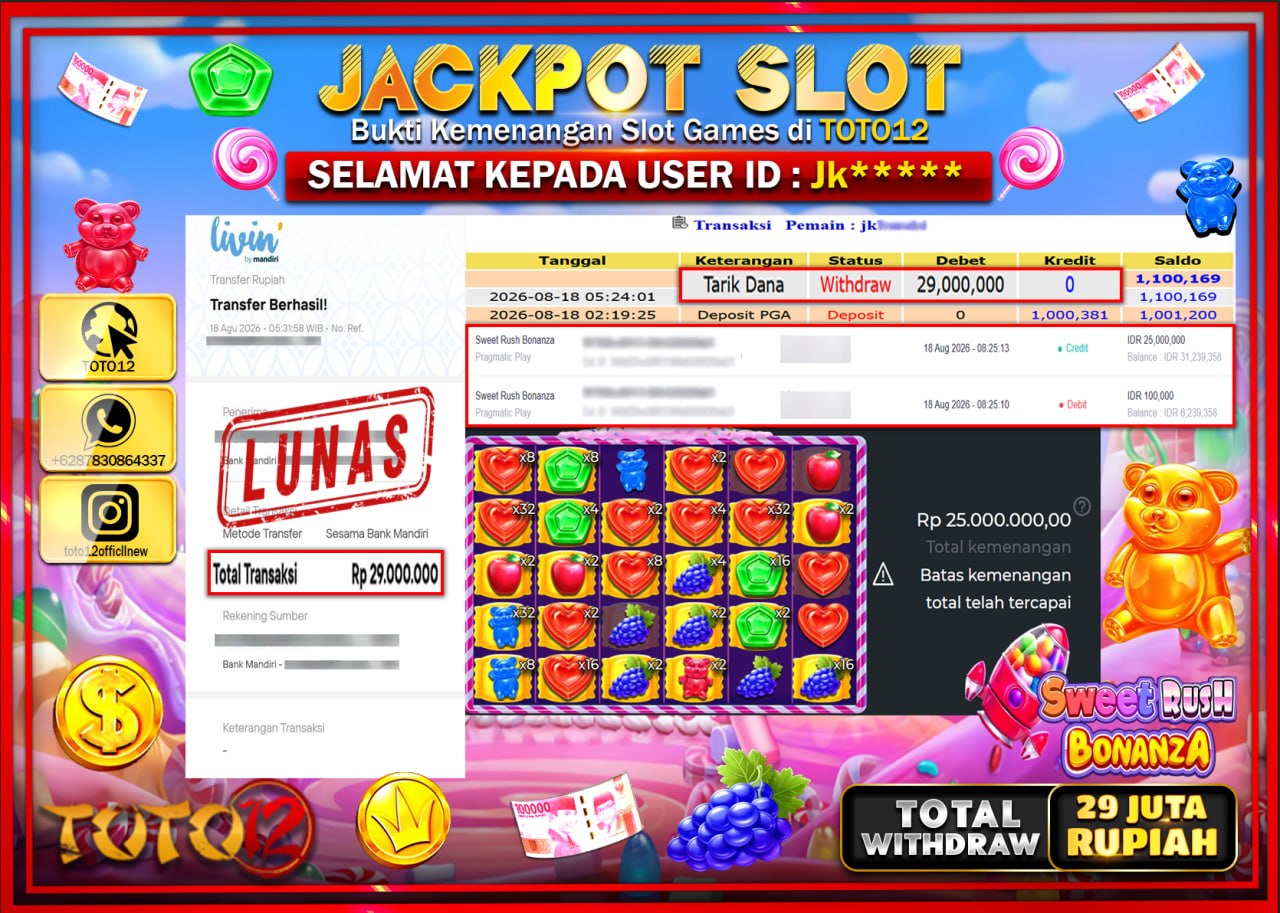 HANYA DI TOTO12 JP PASTI DI BAYAR LUNAS DAN CEPAT!!!!!! JACKPOT SLOT GAME (SWEET RUSH BONANZA) Rp29.000.000!!!!