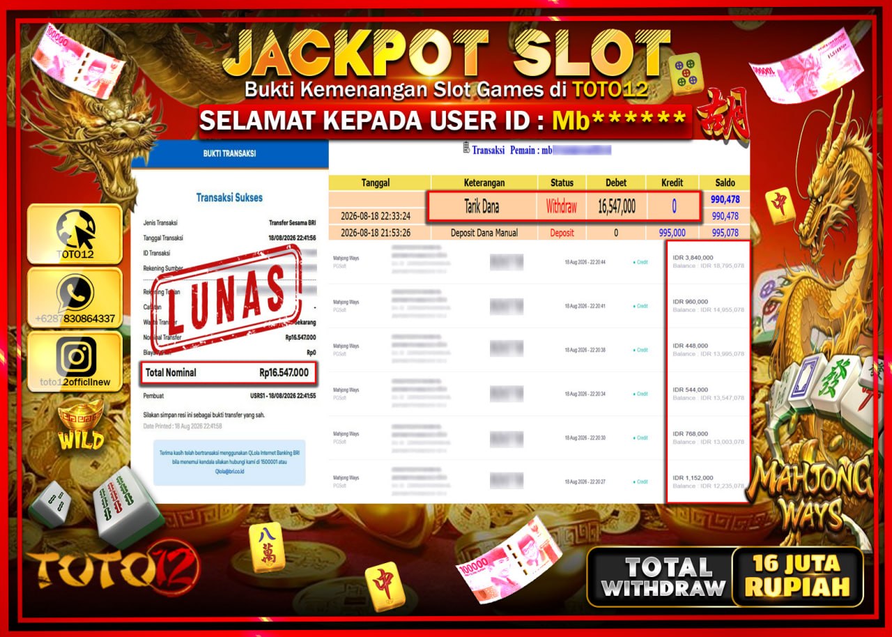 HANYA DI TOTO12 JP PASTI DI BAYAR LUNAS DAN CEPAT!!!!!! JACKPOT SLOT GAME (MAHJONG WAYS) Rp16.547.000!!!!