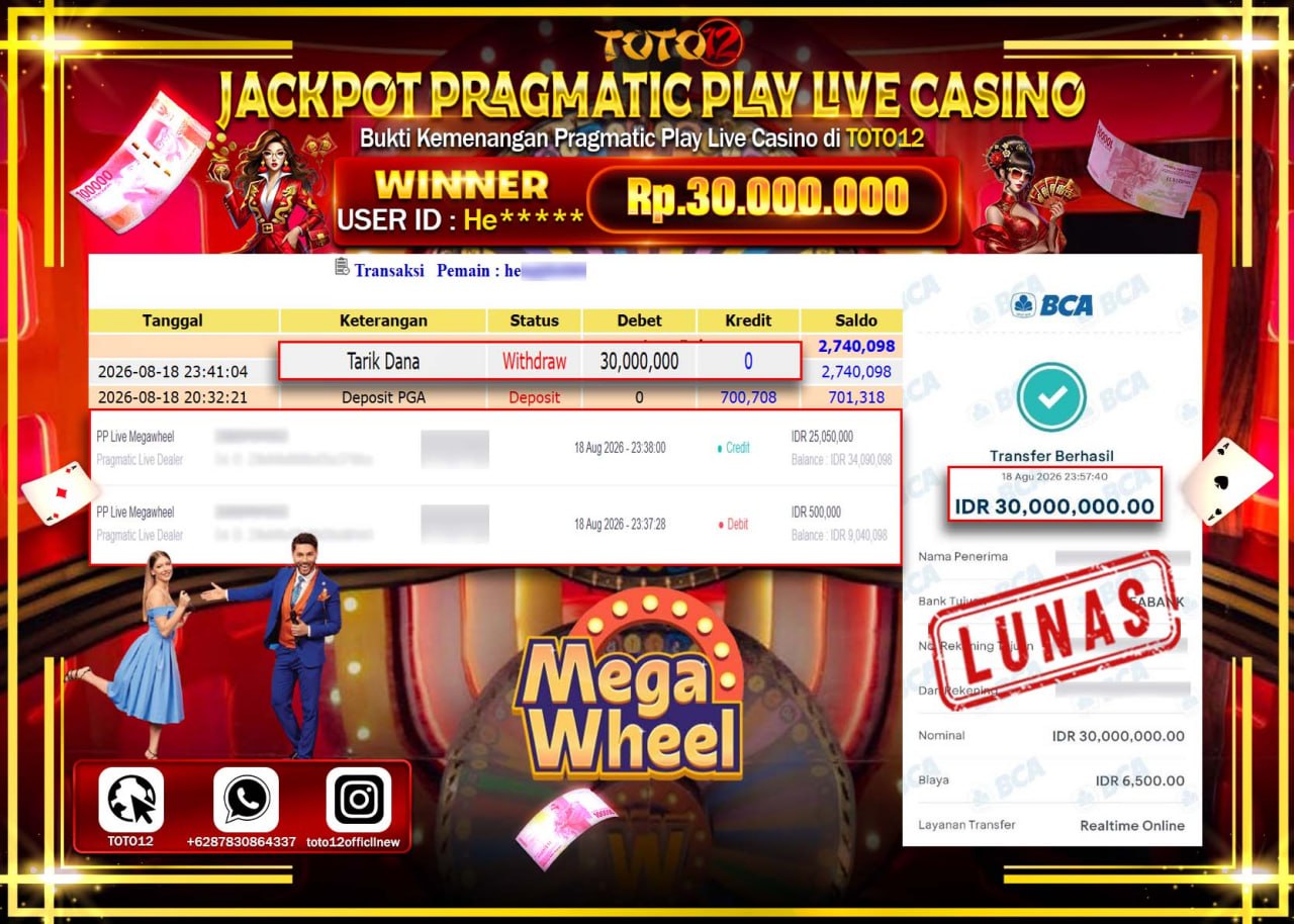 HANYA DI TOTO12 JP PASTI DI BAYAR LUNAS DAN CEPAT!!!!!! JACKPOT PRAGMATIC PLAY LIVE GAME CASINO (PP LIVE MEGAWHELL) Rp30.000.000!!!!