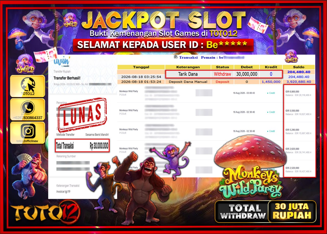 HANYA DI TOTO12 JP PASTI DI BAYAR LUNAS DAN CEPAT!!!!!! JACKPOT SLOT GAME (MONKEYS WILD PARTY) Rp30.000.000!!!!