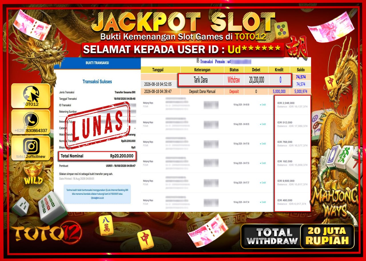 HANYA DI TOTO12 JP PASTI DI BAYAR LUNAS DAN CEPAT!!!!!! JACKPOT SLOT GAME (MAHJONG WAYS) Rp20.200.000!!!!