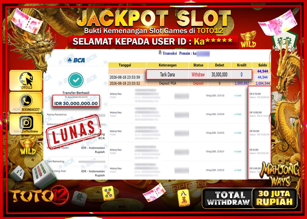 HANYA DI TOTO12 JP PASTI DI BAYAR LUNAS DAN CEPAT!!!!!! JACKPOT SLOT GAME (MAHJONG WAYS) Rp30.000.000!!!!
