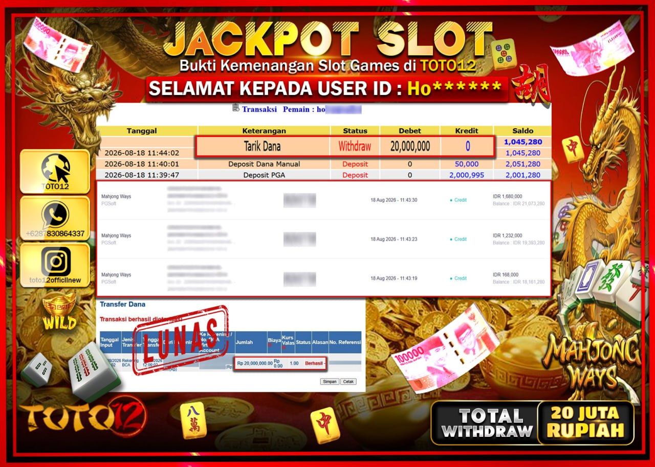 HANYA DI TOTO12 JP PASTI DI BAYAR LUNAS DAN CEPAT!!!!!! JACKPOT SLOT GAME (MAHJONG WAYS) Rp20.000.000!!!!