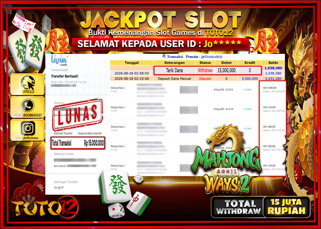 HANYA DI TOTO12 JP PASTI DI BAYAR LUNAS DAN CEPAT!!!!!! JACKPOT SLOT GAME (MAHJONG WAYS 2) Rp15.000.000!!!!