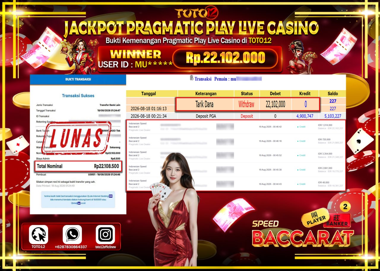 HANYA DI TOTO12 JP PASTI DI BAYAR LUNAS DAN CEPAT!!!!!! JACKPOT PRAGMATIC PLAY LIVE GAME CASINO (INDONESIA SPEED BACCARAT 2) Rp22.102.000!!!!